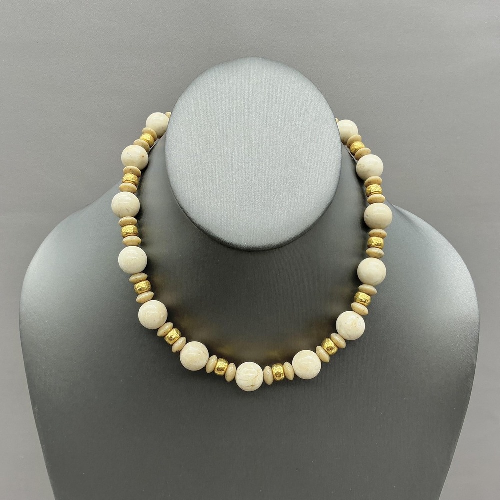 Necklace White Stone Beaded Gold Tone Spacer Chunky Womens Statement Jewelry